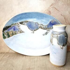 Abound Tuit Pottery Platter and Vase-Mountain Scene Hawk Signed Vintage Decor